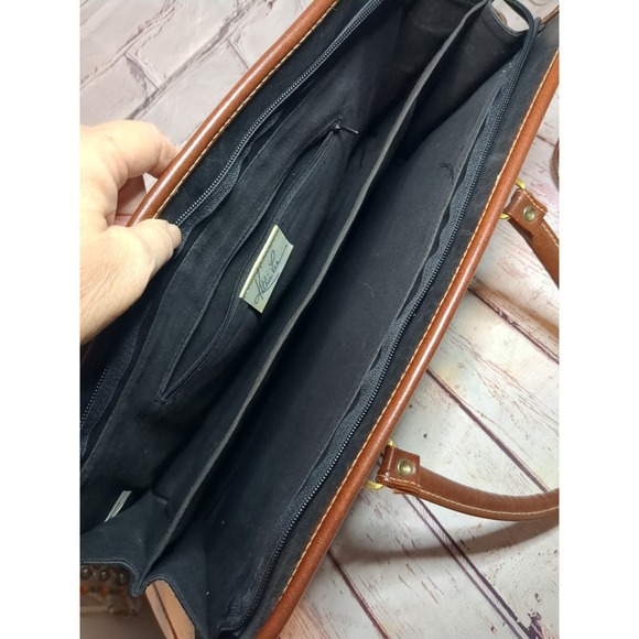 Kathie Lee 1990s Vintage Briefcase Tote Bag Handbag Brown Cognac Leather - Picture 6 of 9